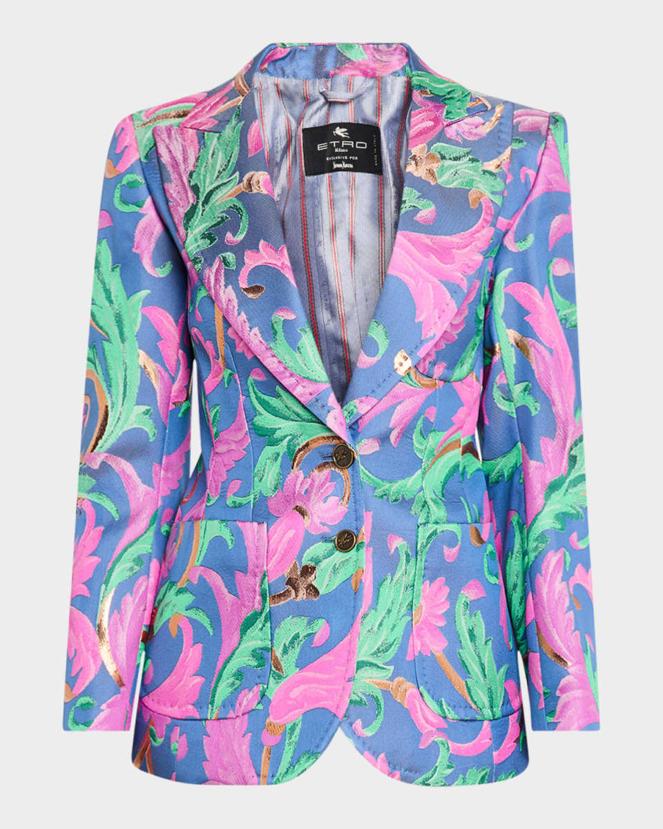 Floral Metallic Jacquard Single-Breasted Blazer Jacket